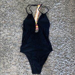 Once piece, open back, black bathing suit